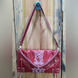 LOOP Red Pink Leather Flower Floral Whipstitch Envelope Handbag Purse Bag Tulip